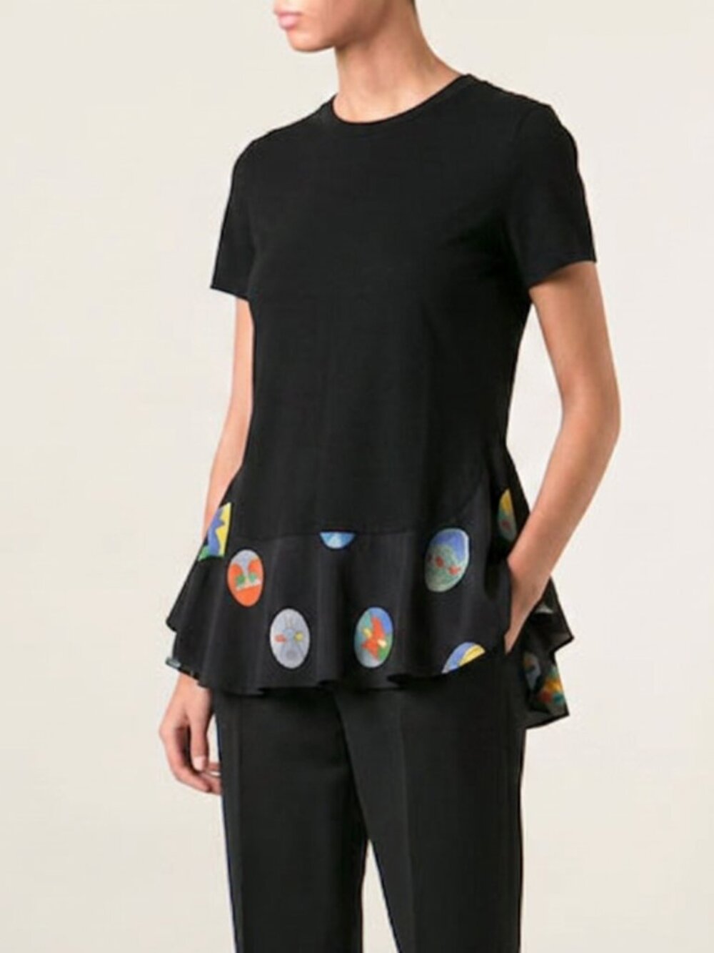 Stella McCartney/ Hero / Black Short-Sleeve Peplum Tee with Multicolor Medallion